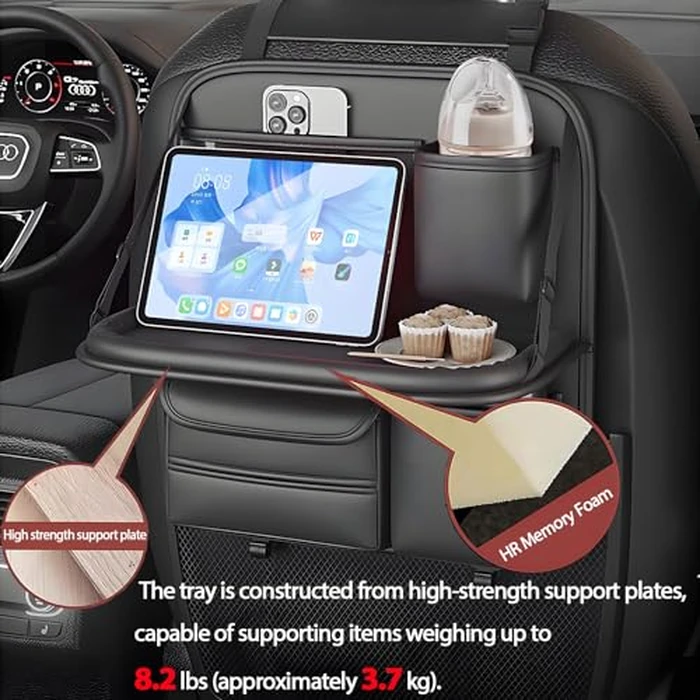 FASTAGEI Universal Premium Leather Foldable Car Backseat Organizer with Table Tray, Seat Back Protector with Touch Screen Pad Phone Holder, Car Storage Pockets Tissue Holder with School Bags Hooks by FASTAGEI - Image 4