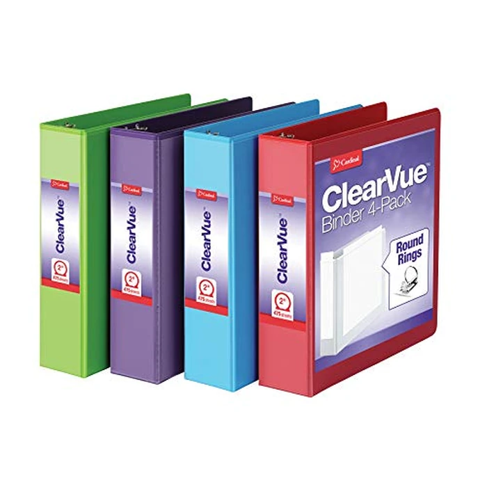Cardinal 3 Ring Binders, Binders for School and Office, Durable 2 Inch Binder with Round Rings, Holds 475-Sheets, ClearVue Covers, Non-Stick, PVC-Free, Assorted Colors, 4 Pack (29311) by Cardinal - Used - Like New condition