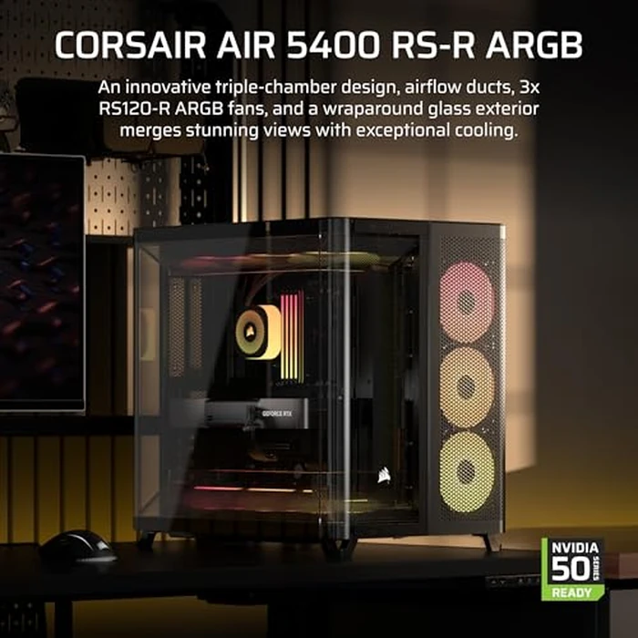 CORSAIR AIR 5400 RS-R ARGB Triple-Chamber Mid-Tower Panoramic PC Case - 3X Pre-Installed Reverse-Rotor RS120-R ARGB Fans, Low-Noise, High Airflow Ducts, Reverse Motherboard Support - Black by Corsair - Image 1