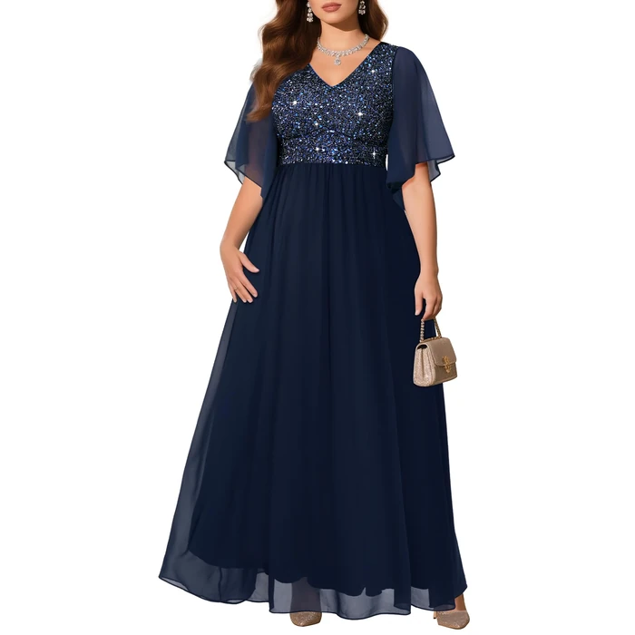 Pinup Fashion Plus Size Formal Dresses for Women Navy Blue Evening Gowns Prom Gala Wedding Guest Sequin V Neck Chiffon Fall Long Dress by Pinup Fashion - Image 1