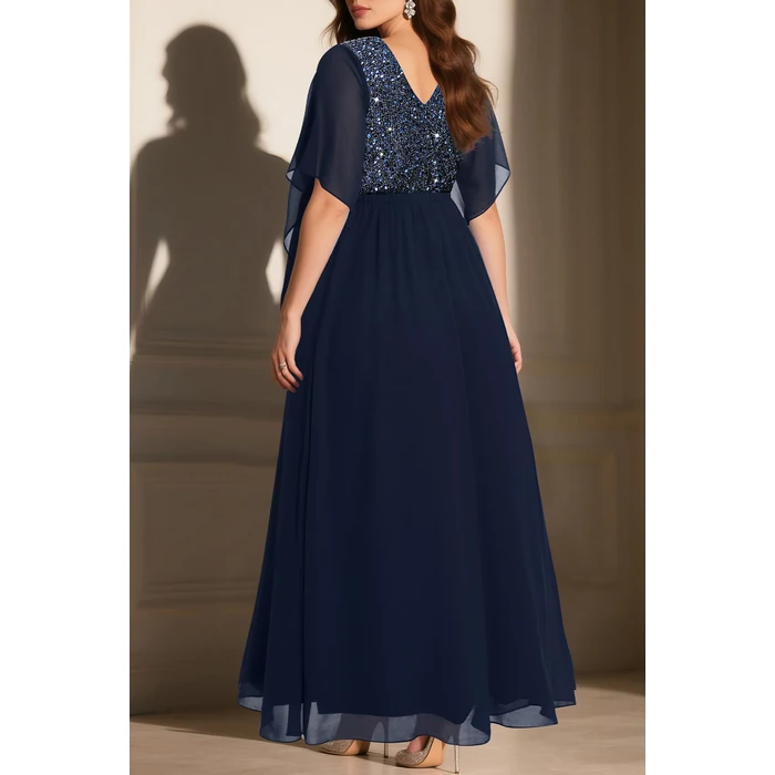 Pinup Fashion Plus Size Formal Dresses for Women Navy Blue Evening Gowns Prom Gala Wedding Guest Sequin V Neck Chiffon Fall Long Dress by Pinup Fashion - Image 2