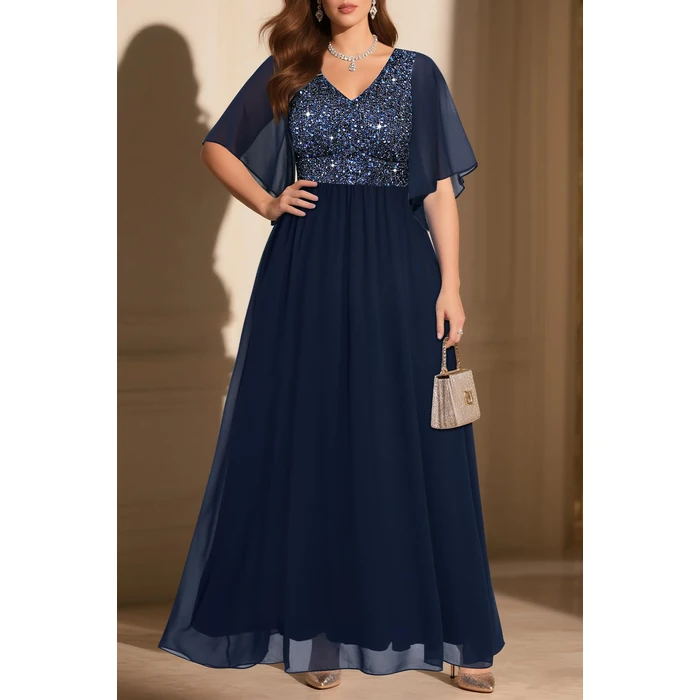 Pinup Fashion Plus Size Formal Dresses for Women Navy Blue Evening Gowns Prom Gala Wedding Guest Sequin V Neck Chiffon Fall Long Dress by Pinup Fashion - Image 3