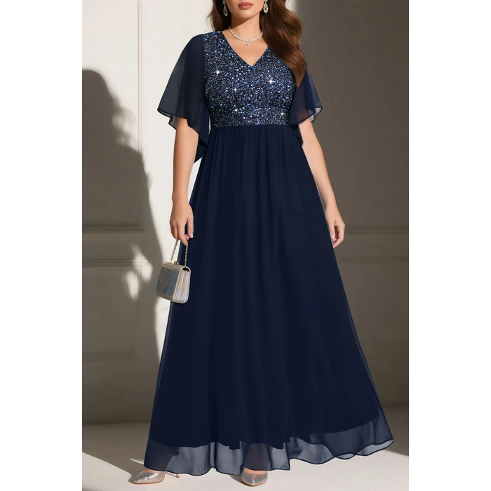 Pinup Fashion Plus Size Formal Dresses for Women Navy Blue Evening Gowns Prom Gala Wedding Guest Sequin V Neck Chiffon Fall Long Dress by Pinup Fashion - Image 5