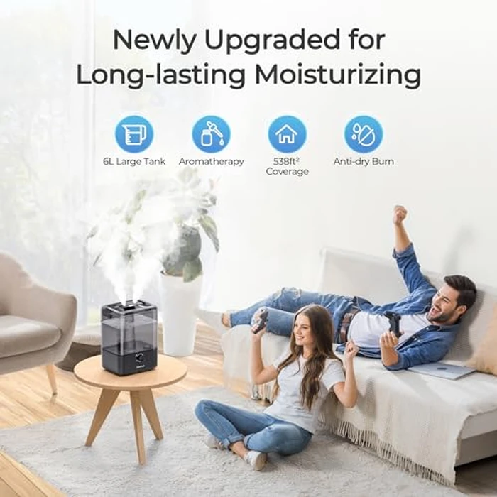 CHIVALZ Humidifiers for Bedroom, 6L Cool Mist Humidifiers for Baby Nursery, 26dB Quiet, 50H Runtime, Top Fill Humidifier for Large Room, Home, Plants, Nightlight, Oil Diffuser 1 Pack, Black by CHIVALZ - Image 2