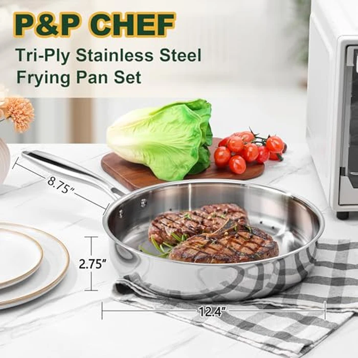 P&P CHEF 12 Inch Stainless Steel Frying Pan, 3-Ply Stainless Steel Pan Skillet, Induction Stir-fry Pan, Oven & All Stoves Safe, Heavy Duty & Even Heat, Dishwasher Safe, Silver, (1 Piece) by P&P CHEF - Image 2