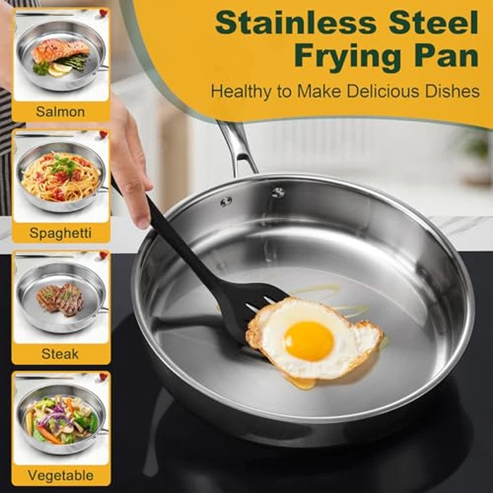 P&P CHEF 12 Inch Stainless Steel Frying Pan, 3-Ply Stainless Steel Pan Skillet, Induction Stir-fry Pan, Oven & All Stoves Safe, Heavy Duty & Even Heat, Dishwasher Safe, Silver, (1 Piece) by P&P CHEF - Image 3