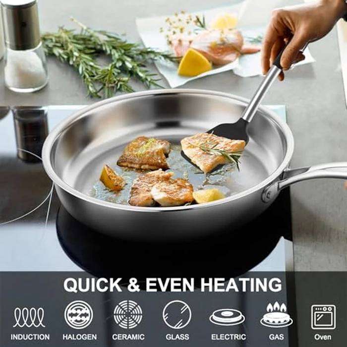 P&P CHEF 12 Inch Stainless Steel Frying Pan, 3-Ply Stainless Steel Pan Skillet, Induction Stir-fry Pan, Oven & All Stoves Safe, Heavy Duty & Even Heat, Dishwasher Safe, Silver, (1 Piece) by P&P CHEF - Image 5