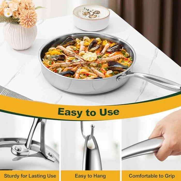 P&P CHEF 12 Inch Stainless Steel Frying Pan, 3-Ply Stainless Steel Pan Skillet, Induction Stir-fry Pan, Oven & All Stoves Safe, Heavy Duty & Even Heat, Dishwasher Safe, Silver, (1 Piece) by P&P CHEF - Image 7