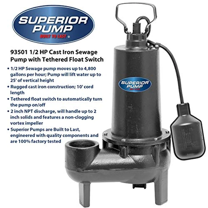 Superior Pump 93015-U Cast Iron Tethered Float Switch Sewage Pump with Basin Kit, 1/2 HP, Black by Superior Pump - Image 8