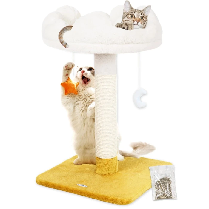Happi N Pets 28" Tall Cat Scratching Post with Bed, Small Cat Tree for Indoor Cats, Thick Cat Scratch Post with Cloud-Shaped Soft Perch & Cute Toys, Stable Cat Stand, Removeable Cover, Bounus Catnip by Happi N Pets - Image 1