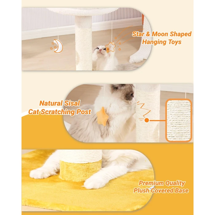 Happi N Pets 28" Tall Cat Scratching Post with Bed, Small Cat Tree for Indoor Cats, Thick Cat Scratch Post with Cloud-Shaped Soft Perch & Cute Toys, Stable Cat Stand, Removeable Cover, Bounus Catnip by Happi N Pets - Image 3