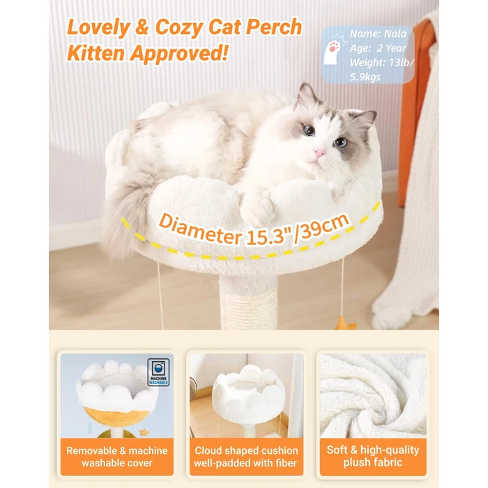 Happi N Pets 28" Tall Cat Scratching Post with Bed, Small Cat Tree for Indoor Cats, Thick Cat Scratch Post with Cloud-Shaped Soft Perch & Cute Toys, Stable Cat Stand, Removeable Cover, Bounus Catnip by Happi N Pets - Image 5