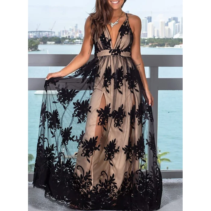 Dokotoo Womens Formal Dress Deep V-Neck Backless Side Split Embroidered Mesh Sexy Long Prom Dresses Bridesmaid Beach Wedding Dresses Black Large by Dokotoo - Image 5