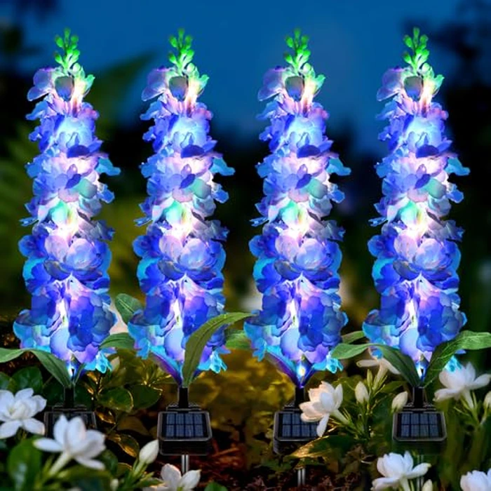 MRHEPHAESTUS Solar Garden Lights, Solar Blue Delphinium Flowers Lights 4 Pack 80 LEDs, Waterproof Outdoor Light Two Lighting Modes for Outside Wedding Party Garden Yard Patio Lawn Decor by MRHEPHAESTUS - Used - Like New condition - US$34.19
