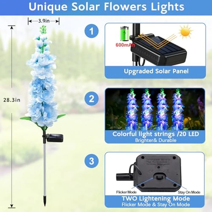 MRHEPHAESTUS Solar Garden Lights, Solar Blue Delphinium Flowers Lights 4 Pack 80 LEDs, Waterproof Outdoor Light Two Lighting Modes for Outside Wedding Party Garden Yard Patio Lawn Decor by MRHEPHAESTUS - Image 2