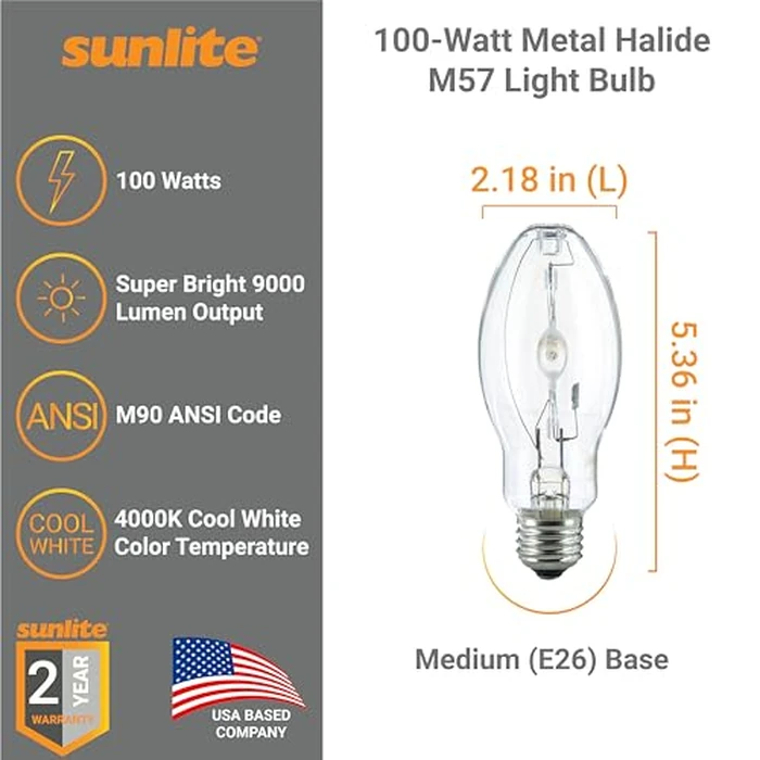 Sunlite 03645-SU MH100/U/MED M90 Metal Halide Lamp, 100 Watts, Pulse Start, Medium Base (E26), ED17, 12,000 Hours Life, 9000 Lumen, Clear Finish, 4000K by Sunlite - Image 2