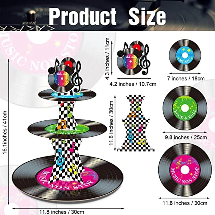 3 Tier 1950's Rock and Roll Music Party Decorations Record Cupcake Stand Vinyl Record Cupcake Holder Music Not Stop Dessert Tower for 50s Retro Theme Party Supplies by Tiamon - Image 2