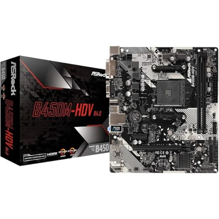 B450M-HDV R4.0 AMD B450 AM4 Socket Ryzen 2000 - 5000 Processors DDR4 3200 64GB HDMI DVI-D D-Sub Motherboard SATA 6Gb/s Micro ATX M.2 by ASRock - Used - Like New condition - US$61.00