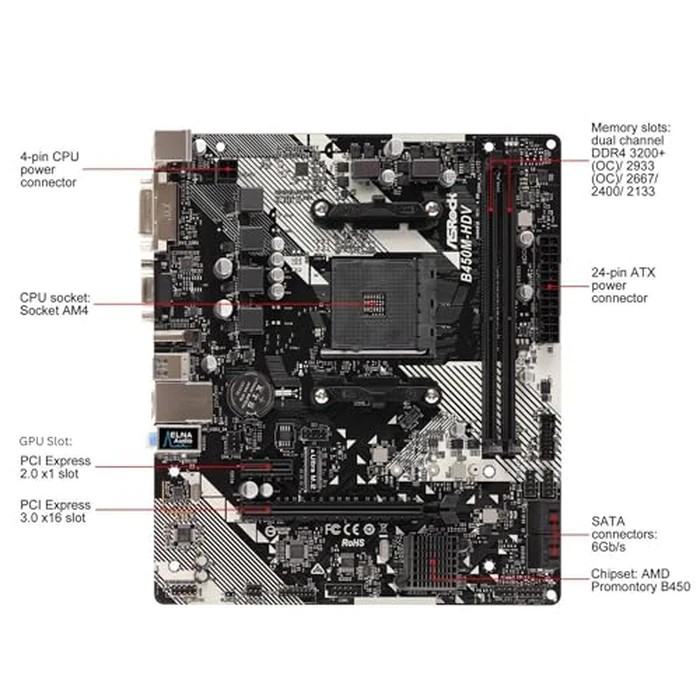 B450M-HDV R4.0 AMD B450 AM4 Socket Ryzen 2000 - 5000 Processors DDR4 3200 64GB HDMI DVI-D D-Sub Motherboard SATA 6Gb/s Micro ATX M.2 by ASRock - Image 2