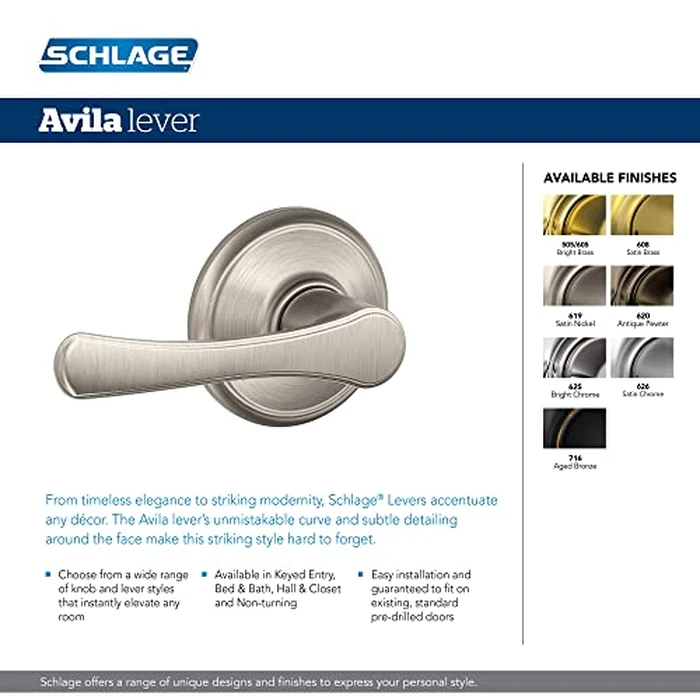 Schlage F40 VLA 619 16-080 10-027 134 N N SL Avila Bed and Bath Lever, Satin Nickel by SCHLAGE - Image 2