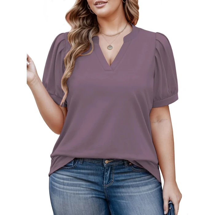 Plus Size Womens Shirts Lightweight Notched V Neck Pleated Short Sleeve Comfy 3X Tops Taro Purple by VOGRACE - Used - Like New condition