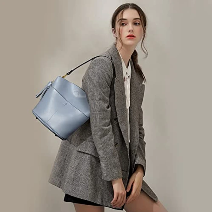 S-ZONE Women Small Cow Split Genuine Leather Crossbody Bucket Bag Shoulder Purse Handbag by S-ZONE - Image 7