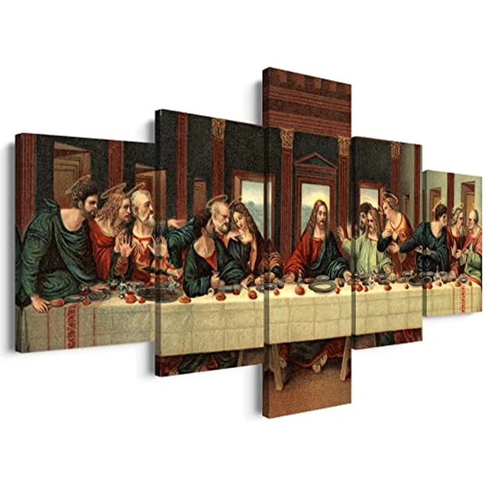 5 Piece Last Supper Wall Art Christian Wall Decor Jesus Posters Leonardo Da Vinci Dining Room Decor The Last Supper Painting for Bedroom Living Room Decor (50''W x 24''H) by YOUHONG - Used - Good condition