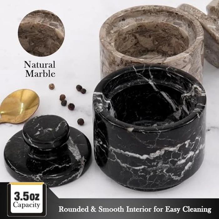 Marblous Krafts Marble Salt Cellar with Lid 3" Black Zebra and Oceanic Celtic & Garlic Salt Dispenser for Kitchen & Home Storage, Spice Tools Container by MARBLOUS KRAFTS - Image 3
