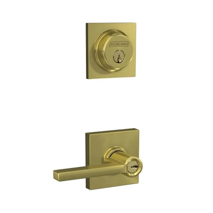 Schlage FB55N V LAT 608 COL Single Cylinder Deadbolt and Keyed Entry Latitude Lever with Collins Trim, Satin Brass by SCHLAGE - Used - Good condition