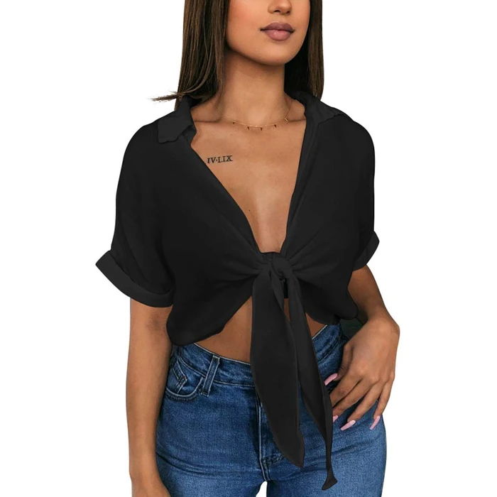 GOBLES Womens Summer Short Sleeve Shirts V Neck Tie Knot Batwing Blouses Tops Black by GOBLES - Used - Like New condition - US$18.99