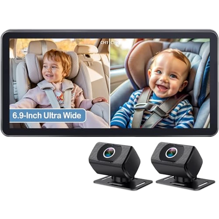 2-Kids Baby Car Camera for Seat: 6.9 Inch Ultrawide Display with Two Cameras Rear Facing - USB Powered Backseat Camera HD 1080P Easy to Install by Yakry - Used - Acceptable condition - US$40.52