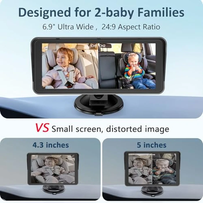 2-Kids Baby Car Camera for Seat: 6.9 Inch Ultrawide Display with Two Cameras Rear Facing - USB Powered Backseat Camera HD 1080P Easy to Install by Yakry - Image 2
