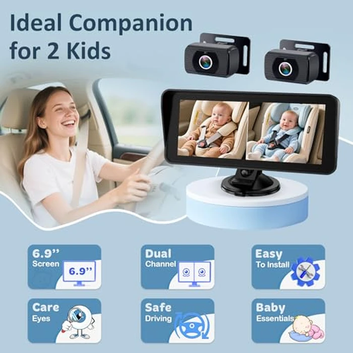 2-Kids Baby Car Camera for Seat: 6.9 Inch Ultrawide Display with Two Cameras Rear Facing - USB Powered Backseat Camera HD 1080P Easy to Install by Yakry - Image 3