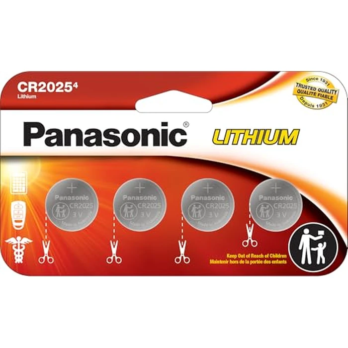 Panasonic CR2025 3.0 Volt Long Lasting Lithium Coin Cell Batteries in Child Resistant, Standards Based Packaging, 4 Pack by Panasonic - Used - Very Good condition