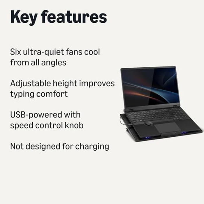 Amazon Basics Laptop Cooling Pad Stand with 6 Quiet Fans, for 12-17 inch laptops, w/USB A and USB C Ports, Height Adjustable by Amazon Basics - Image 2