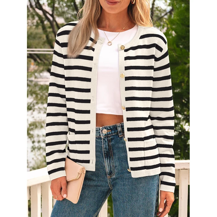 LILLUSORY Women's Striped Cardigan Sweaters Fall Outfits Clothes Fashion Trendy Long Sleeve Tops Casual Knit Lady Jackets Apricot Black S by LILLUSORY - Image 2