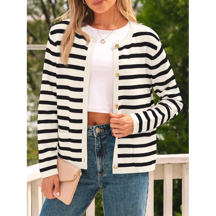 LILLUSORY Women's Striped Cardigan Sweaters Fall Outfits Clothes Fashion Trendy Long Sleeve Tops Casual Knit Lady Jackets Apricot Black S by LILLUSORY - Image 3