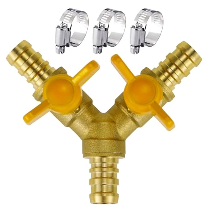 Horiznext brass 1/2 inch O.D. barb three way shut off ball valve for gas hose air water pvc pex garden tubing fuel line, tee switch splitter fitting by Horiznext - Image 1