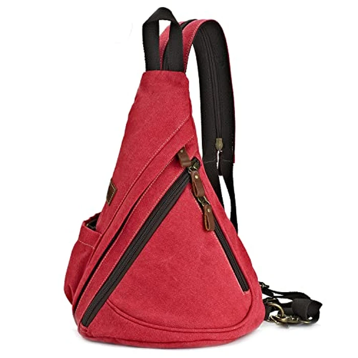 POEYLEJA Canvas Sling Bag Convertible Crossbody Bag Chest Bag Shoulder Backpack Casual Daypack for Men Women Outdoor Cycling Hiking Travel (Rose Red) by Poeyleja - Used - Like New condition - CA$36.09
