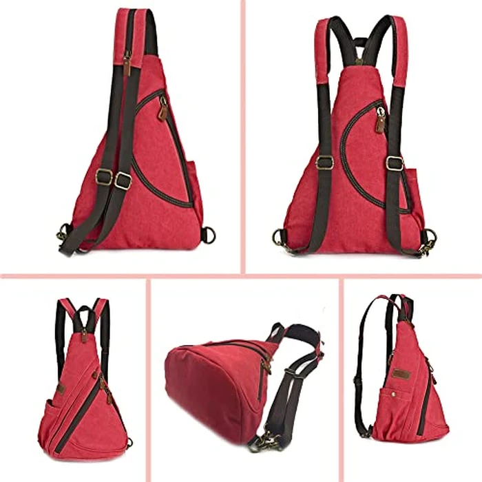 POEYLEJA Canvas Sling Bag Convertible Crossbody Bag Chest Bag Shoulder Backpack Casual Daypack for Men Women Outdoor Cycling Hiking Travel (Rose Red) by Poeyleja - Image 6