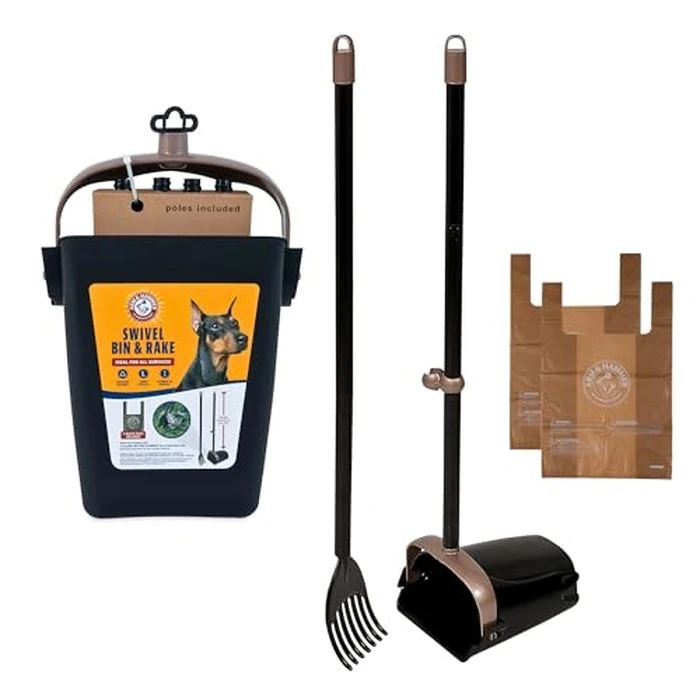 Arm & Hammer Dog Pooper Scooper Swivel Bin & Rake, Poop Scoop for Dogs, Black (2 Heavy Duty Scented Waste Bags Included) by Arm & Hammer - Image 1