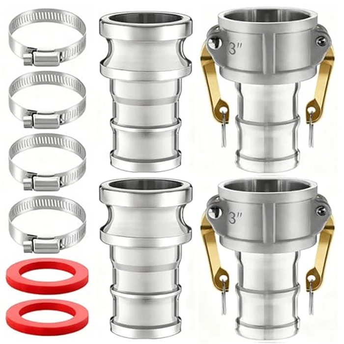Innconee 2 Set Camlock Fittings Type C&E 3 Inch Aluminum Cam and Groove Hose Fitting Kit include 3" Female Coupling Cam Lock, 3" Male Adapter Camlock, Gasket, Hose Clamps for Industrial by Innconee - Used - Like New condition - US$32.29