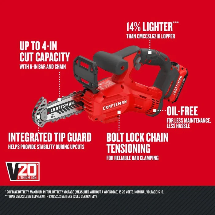 CRAFTSMAN CMCCS320D1-R V20* 6-inch Cordless Pruning Cordless Chainsaw Kit - Red by CRAFTSMAN - Image 4