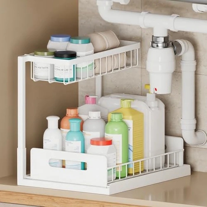 VUSIGN 2 Tier Under Sink Organizer and Storage, Slide Out Pull Out Cabinet Organizer Shelf, Storage for Kitchen Bathroom Laundry, 1Pack, White by VUSIGN - Used - Good condition - CA$20.67