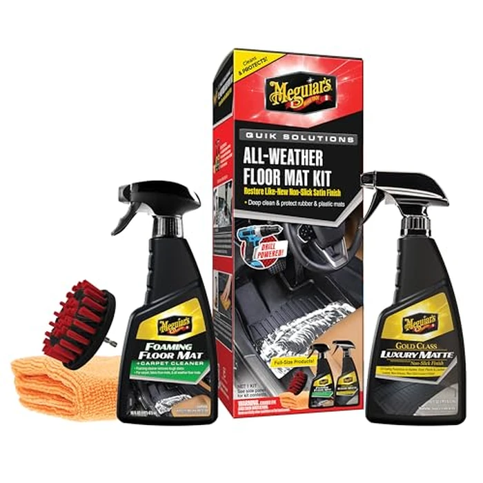 Meguiar’s Quik Solutions All-Weather Floor Mat Kit,All Weather Floor Mat Cleaner and Car Mat Protectant that Deep Cleans & Restores a Like-New Non-Slick Finish,Includes Drill Attachment, Kit by Meguiar's - Image 1