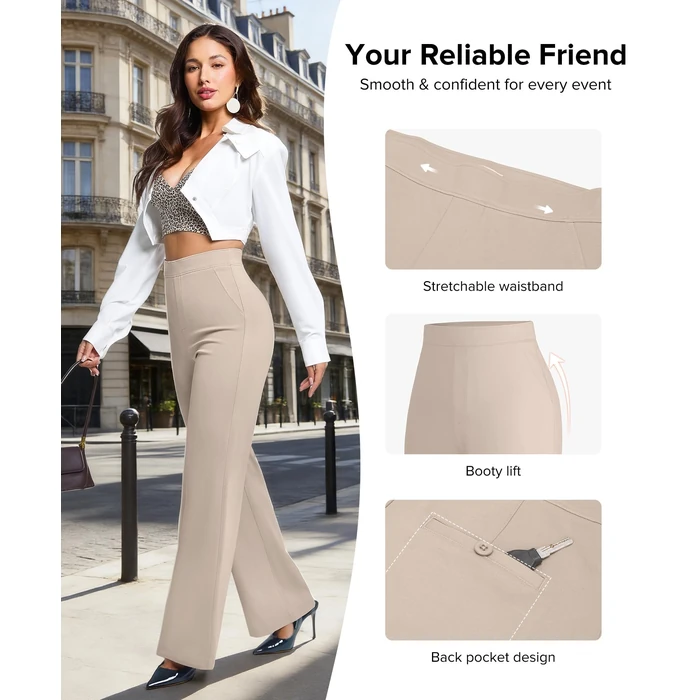 BRXL Dress Pants for Women Work Tummy Control Shapewear Long Wide Leg Winkle Free Business Casual Khaki S by BRXL - Image 5
