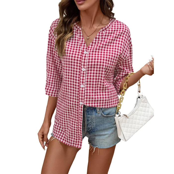 LOMON Cotton 3/4 Sleeve Button Down Shirts for Women Gingham Plaid Striped Tops V Neck Casual Loose Blouse by LOMON - Image 10