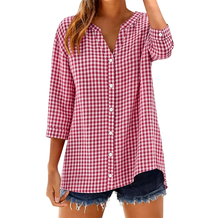 LOMON Cotton 3/4 Sleeve Button Down Shirts for Women Gingham Plaid Striped Tops V Neck Casual Loose Blouse by LOMON - Used - Very Good condition - US$18.52