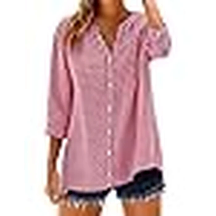 LOMON Cotton 3/4 Sleeve Button Down Shirts for Women Gingham Plaid Striped Tops V Neck Casual Loose Blouse by LOMON - Image 3