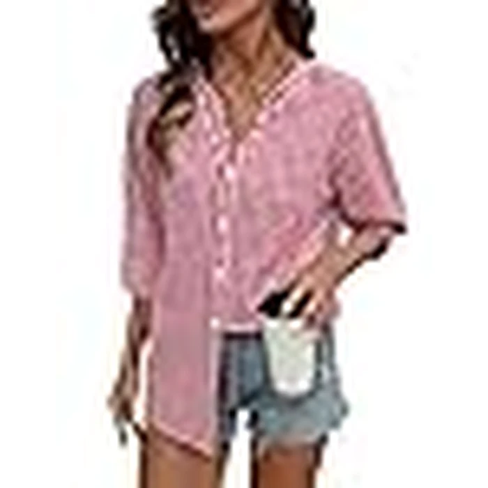 LOMON Cotton 3/4 Sleeve Button Down Shirts for Women Gingham Plaid Striped Tops V Neck Casual Loose Blouse by LOMON - Image 6